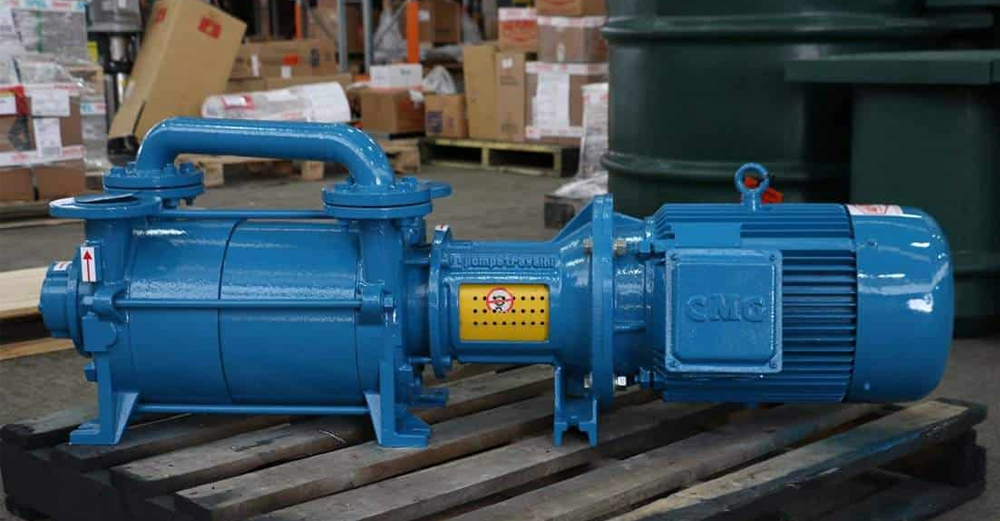 Blue liquid ring vacuum pump coupled with a CMG electric motor, commonly used for industrial processes, aeration, and priming, showcasing vacuum pump repairs services