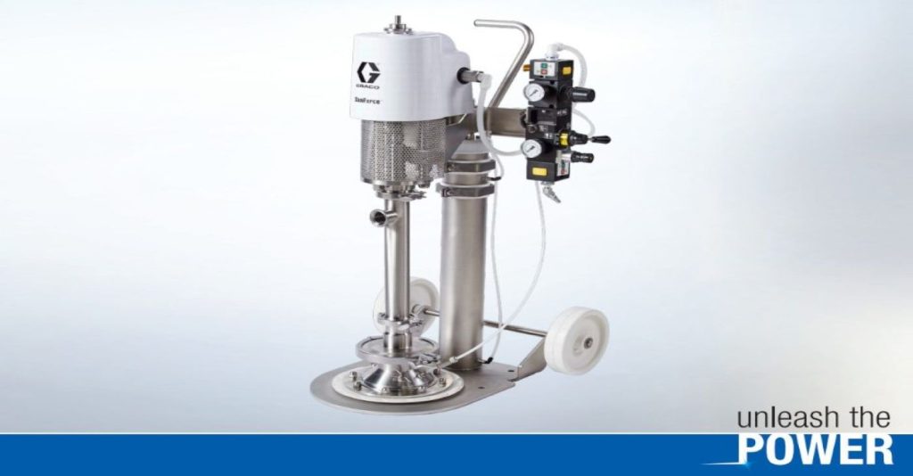 Graco Saniforce 3H1117 stainless steel sanitary pail unloader pump system on a portable cart with pneumatic controls, used for high-viscosity food and cosmetic transfer