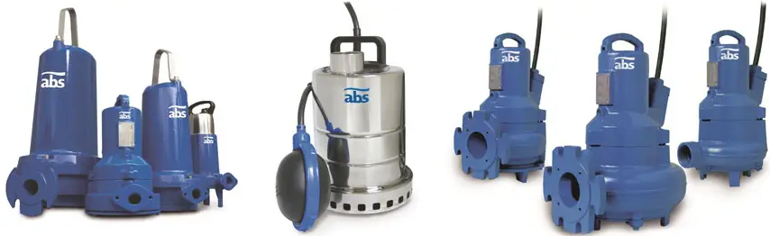 Multiple ABS submersible pumps lineup including blue cast iron wastewater pumps and a stainless steel model with a float switch for sewage and dewatering applications