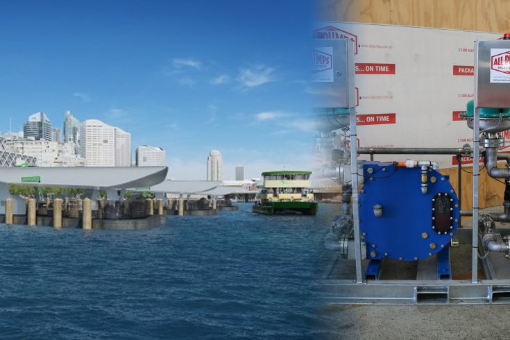Composite image showing the Barangaroo Wharf in Sydney paired with a custom-built industrial pump skid system, highlighting maritime and wastewater infrastructure solutions