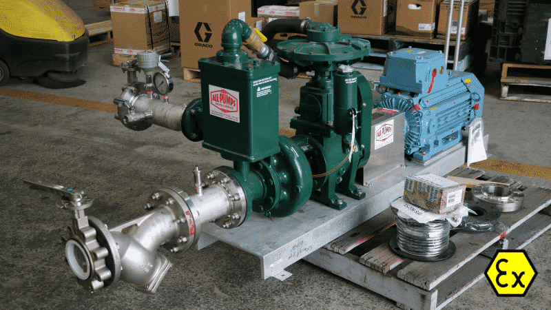 Heavy-duty skid-mounted dewatering pump system with an EX-d rated motor for use in hazardous areas, designed for mining and explosive atmosphere industrial applications