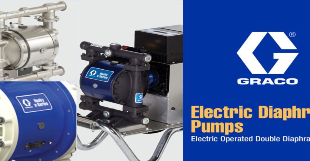 Graco Husky E-Series electric operated double diaphragm (EODD) pumps promotional banner, showcasing a blue industrial unit and polished stainless steel models for energy-efficient fluid transfer