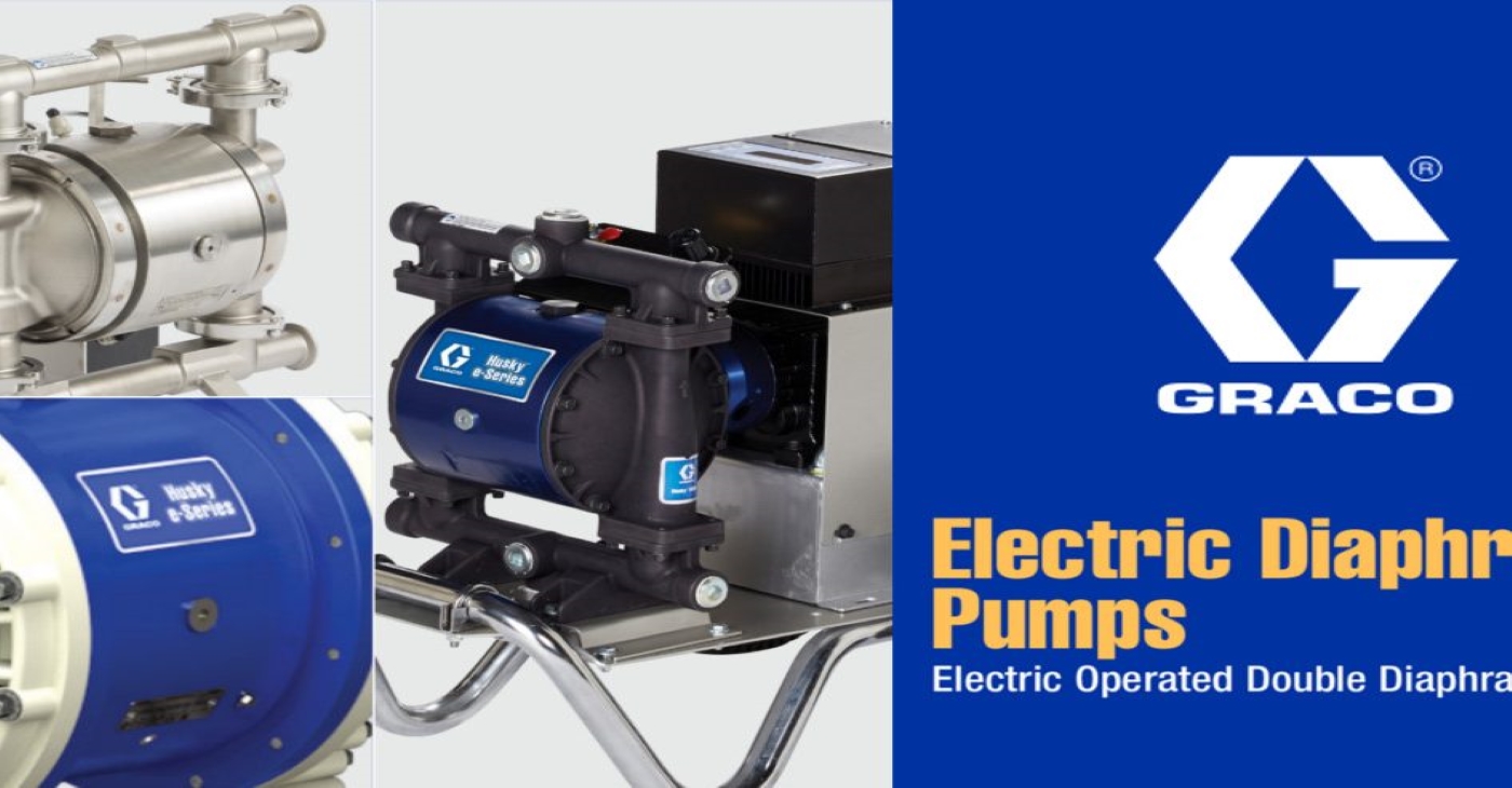Graco Husky E-Series electric operated double diaphragm (EODD) pumps promotional banner, showcasing a blue industrial unit and polished stainless steel models for energy-efficient fluid transfer