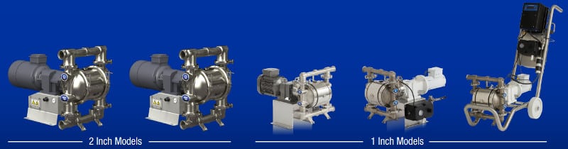 Lineup of FDA approved and sanitary electric diaphragm pumps (EODD) in 1-inch and 2-inch models, constructed from polished stainless steel for food, beverage, and pharmaceutical processing