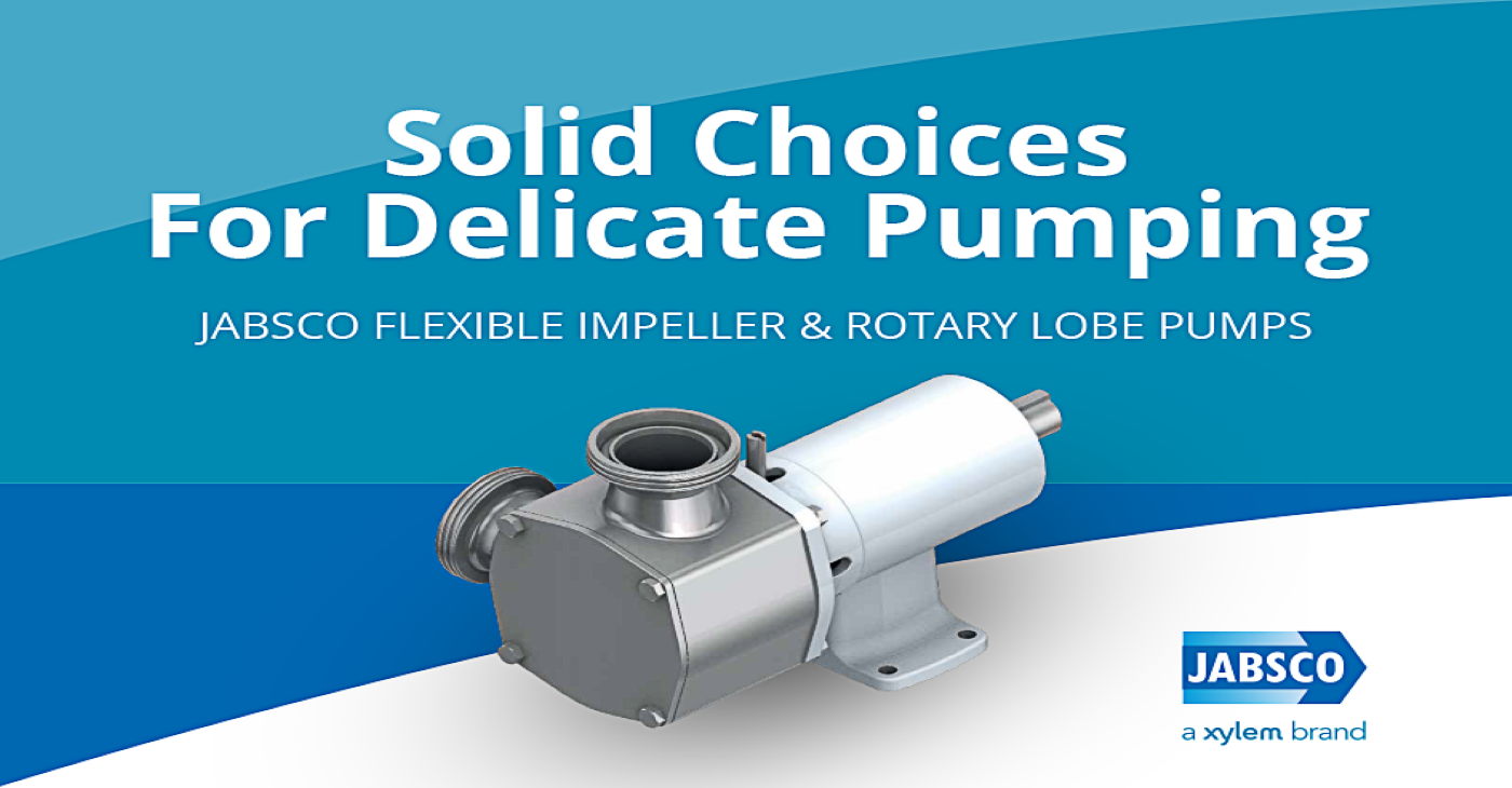 Jabsco flexible impeller and rotary lobe pumps promotional banner for gentle pumping, featuring a stainless steel sanitary pump for delicate food and beverage products