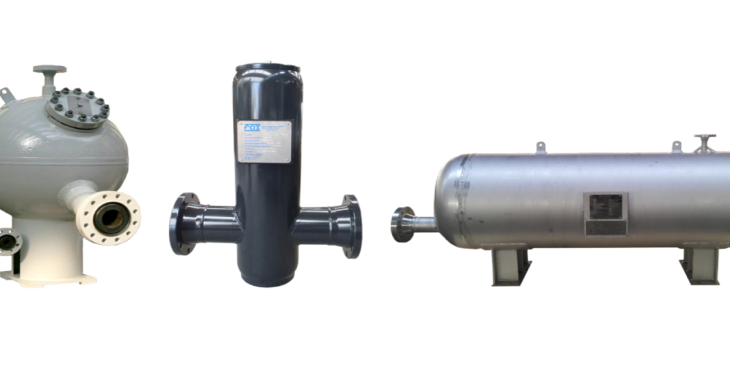 Set of three industrial FOX brand heavy machinery components: a grey industrial strainer, a black T-style filter vessel, and a stainless steel pressure vessel used in critical fluid filtration