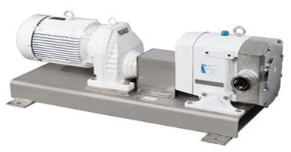 White and silver positive displacement pump system on a steel base, powered by an electric motor, used for precise fluid handling.