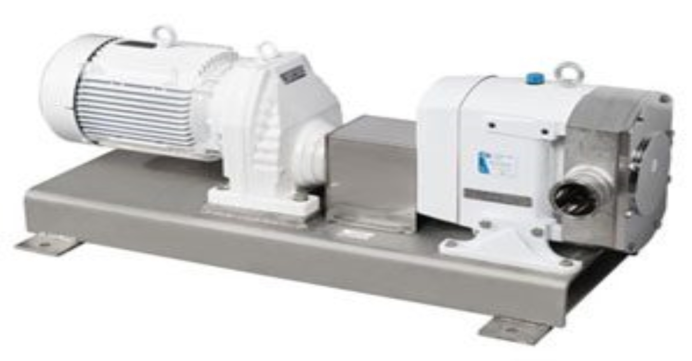 White and silver positive displacement pump system on a steel base, powered by an electric motor, used for precise fluid handling.