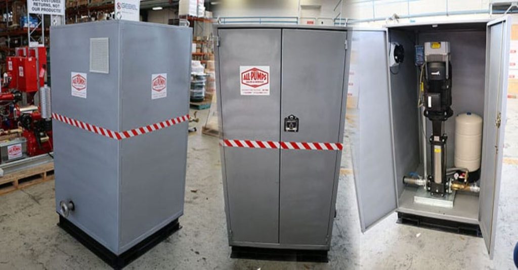 Triple-view promotional banner showcasing a Javelin pump enclosure (soundproof cabinet) with the door closed and open, revealing a vertical centrifugal pump system for quiet commercial water boosting