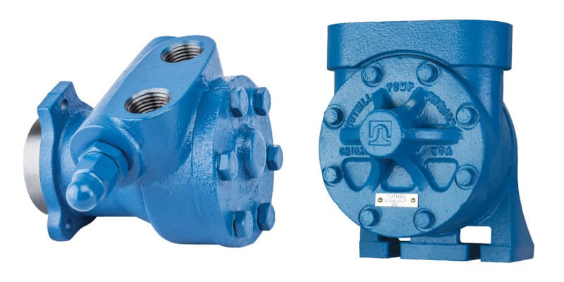Two blue cast iron Tuthill lubrication and circulation gear pumps, designed for machine tool lubrication and industrial hydraulic fluid power applications