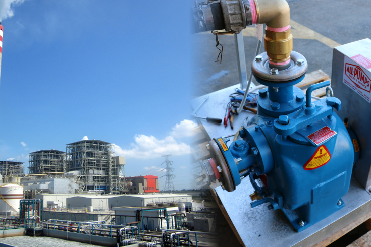 Composite image showing a large powerplant and a blue industrial self-priming centrifugal pump, illustrating equipment used for cooling water or process fluid transfer in energy generation facilities