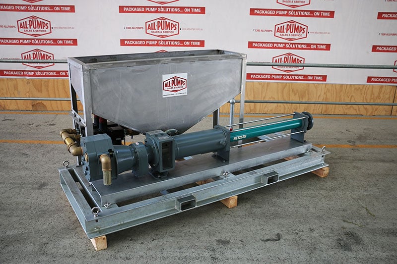 Packaged progressive cavity pump system with a large stainless steel hopper/feeder and a grey Netzsch pump head, mounted on a skid for efficient high-viscosity slurry dosing and transfer