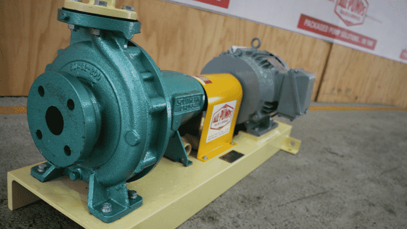 Southern Cross end-suction centrifugal pump coupled to an electric motor on a yellow base plate, suitable for general water transfer, circulation, and fire protection applications
