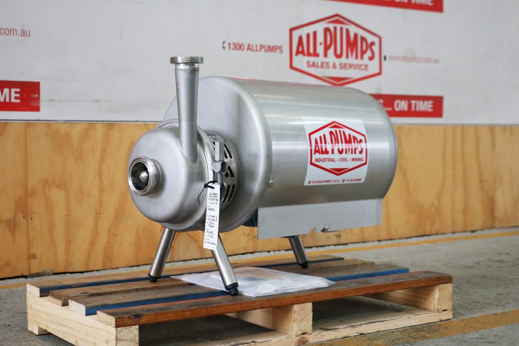 New SPXFLOW Waukesha Cherry-Burrell stainless steel sanitary centrifugal pump for hygienic food, beverage, or pharmaceutical processing on a wooden pallet