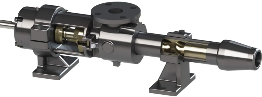 Cutaway render of a Xeric progressive cavity pump (PCP) with a bronze rotor and stator, designed for slurry, viscous fluids, and abrasive industrial pumping applications