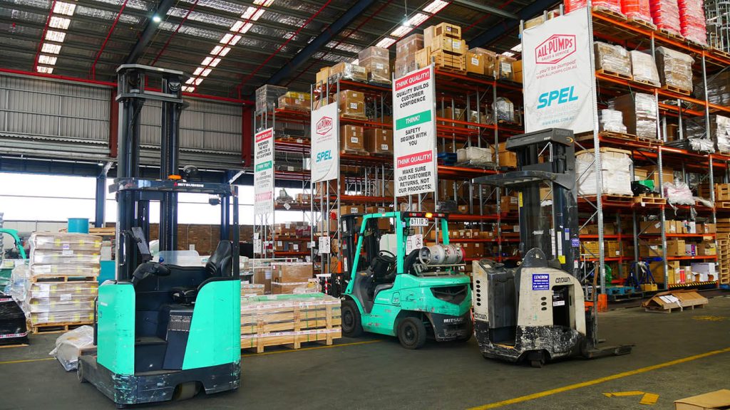 All-Pumps warehouse supplier of pumps shelves and forklifts