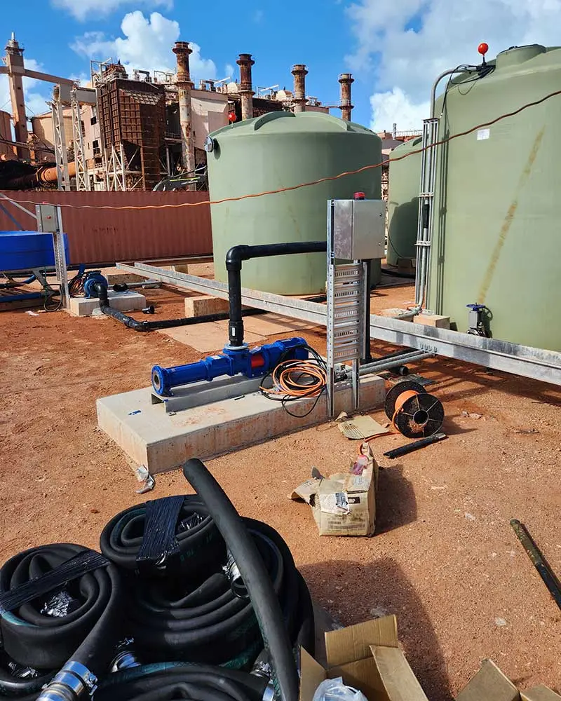 Helical rotor pump (Progressive Cavity) assembly with an electric motor, ideal for municipal water treatment and abrasive slurry handling in a mining company facility