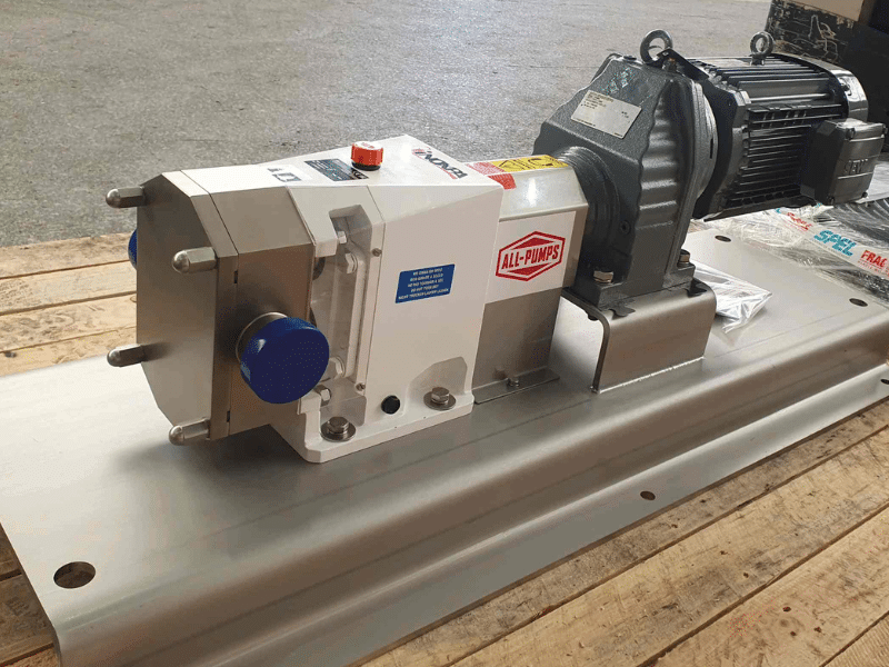 White and grey INOXPA lobe pump supplied by ALL-PUMPS on a metallic base plate, designed for gentle and sanitary handling of viscous media in food, dairy, and beverage industries