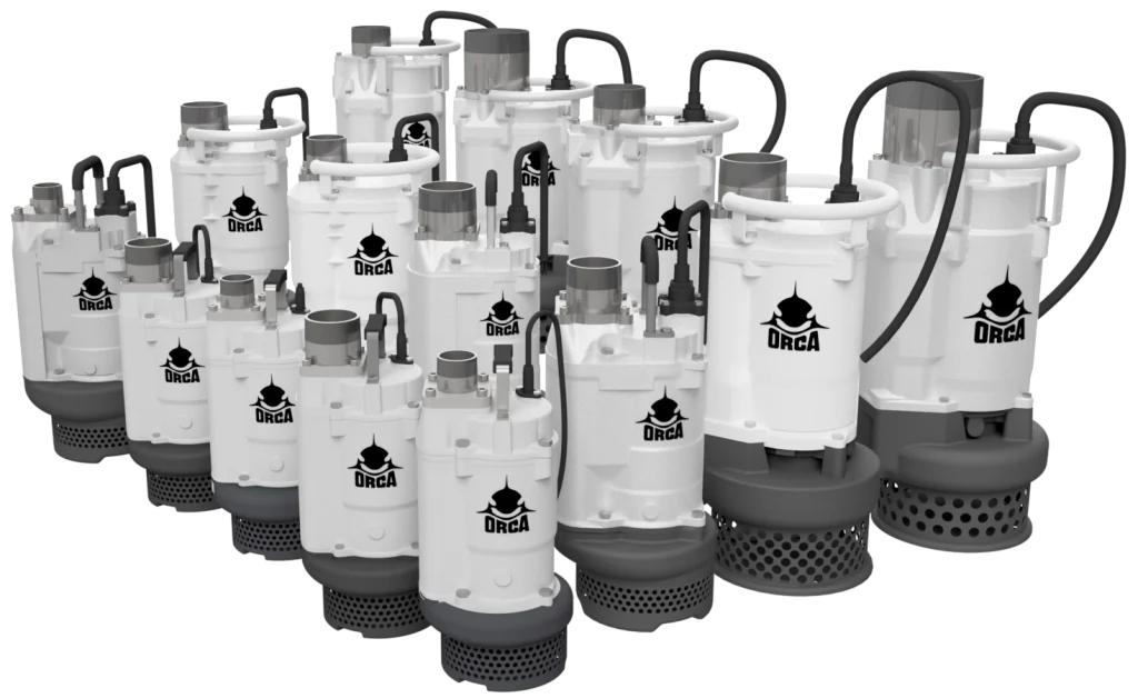 Group lineup of Orca Siltmaster Series heavy-duty dewatering pumps in white and grey finish, designed for silt and slurry management in construction, tunneling, and mining environments. Features durable casings, reinforced suction strainers, and efficient motor housings for reliable sediment control.