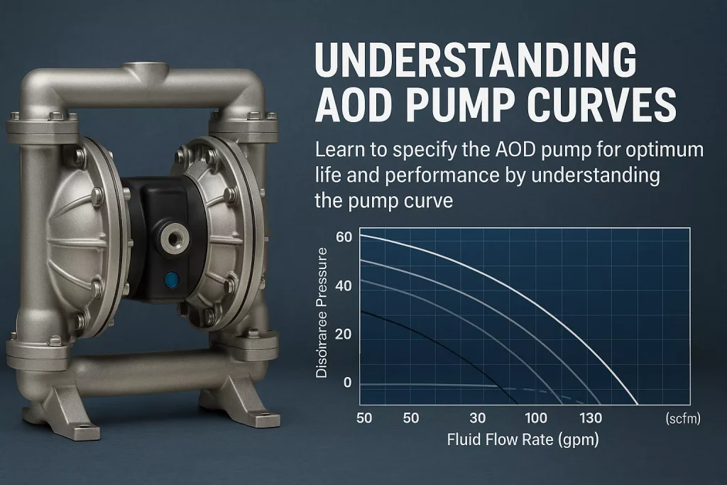 Hero banner showing a metallic air-operated double-diaphragm (AOD) pump beside a simplified pump performance curve graph. The text ‘Understanding AOD Pump Curves’ appears above explanatory copy about specifying AOD pumps for optimum performance.