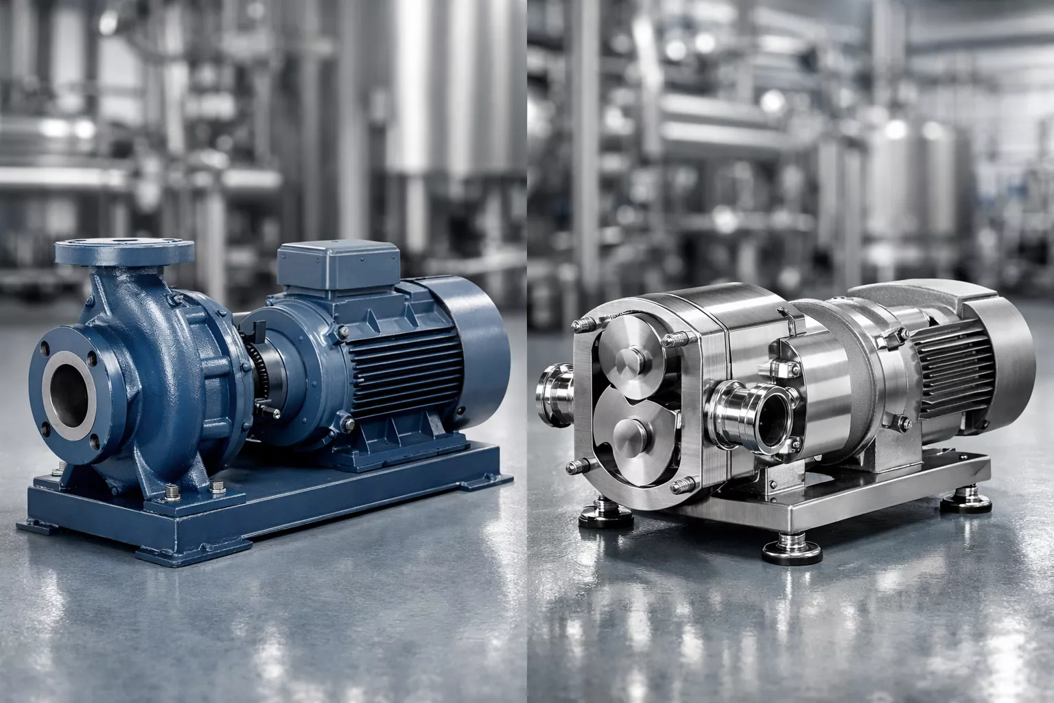 A realistic industrial comparison shot showing a heavy-duty centrifugal pump alongside a stainless steel positive displacement rotary lobe pump on a factory floor. The image highlights the physical differences in casing and motor configuration between the two pump types, representing the choice between kinetic velocity pumping and fixed-volume fluid transfer.