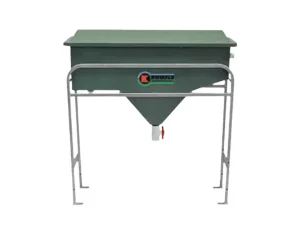 Green oil-water separator tank on metal legs.