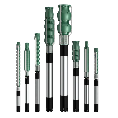 Lineup of tall Caprari borehole pump assemblies