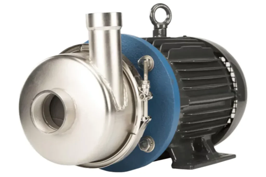 Close-up of a Finish Thompson metal pump and dark motor