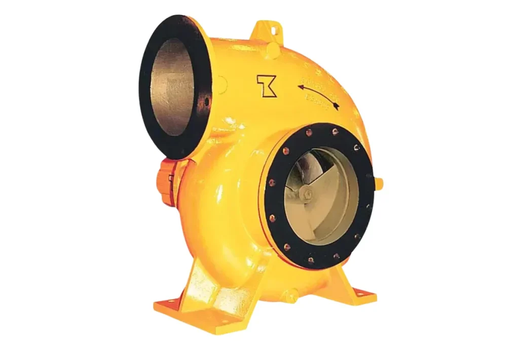 Flowserve yellow pump housing with circular openings