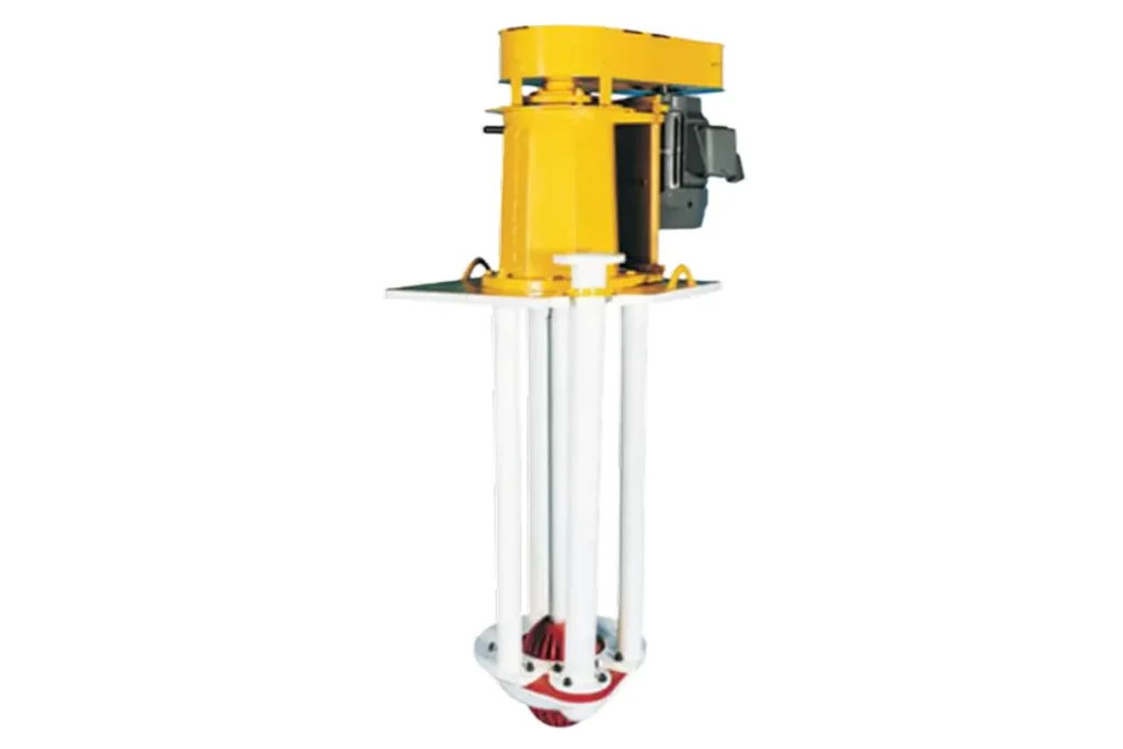 Flowserve tall vertical pump with yellow drive housing