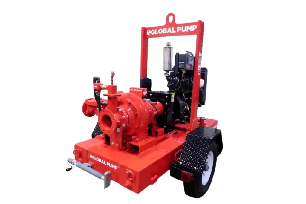 Red Global Pump equipment inside a protective frame