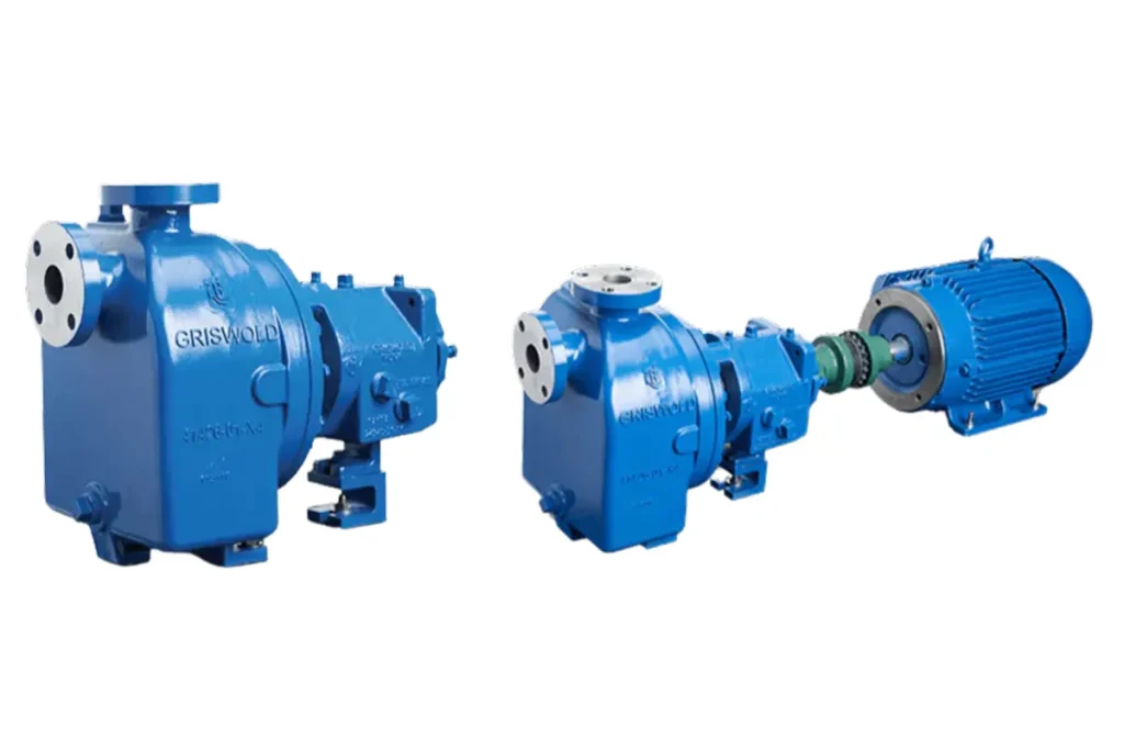 Two Griswold blue pump assemblies
