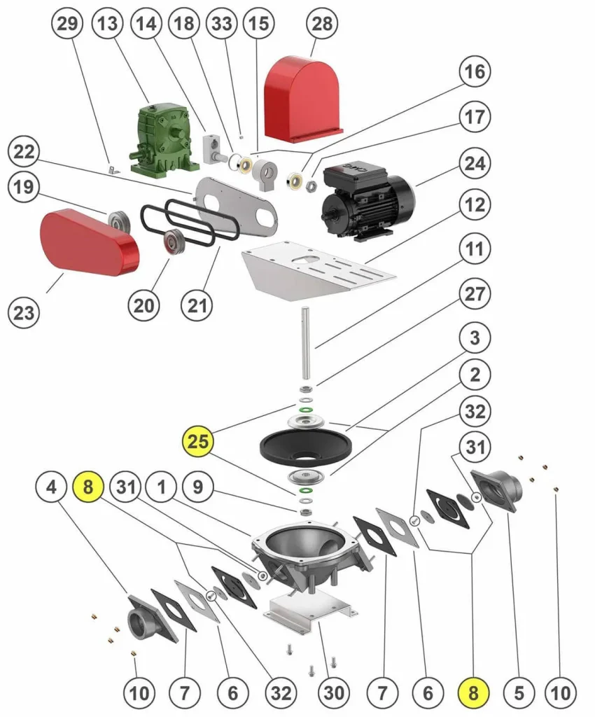 Exploded diagram of KDP pump parts