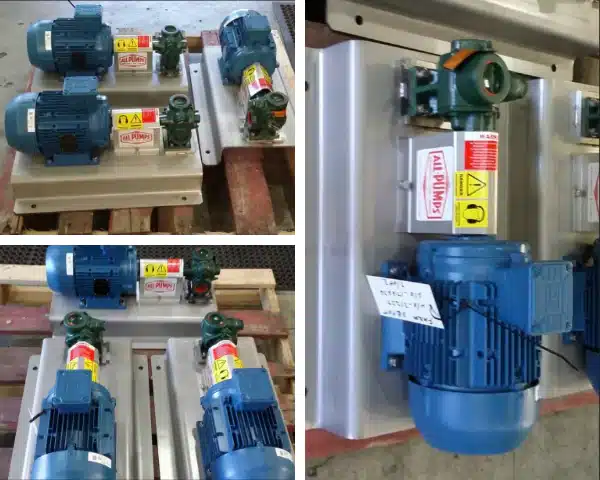 Collage of Roper gear pumps installed in a plant