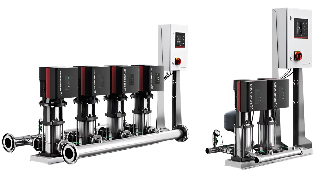 Vertical wash bay pump set on a metal frame