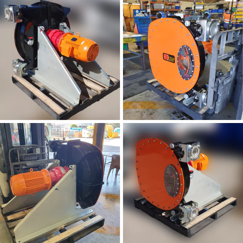 Collage of orange Abaque hose pumps and mining site equipment