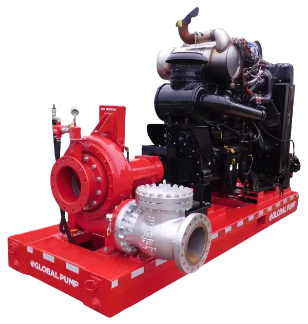 Red firefighting pump attached to a black engine