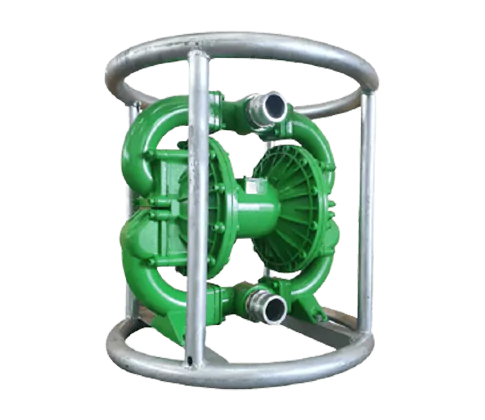 Green flap valve diaphragm pump inside a protective frame