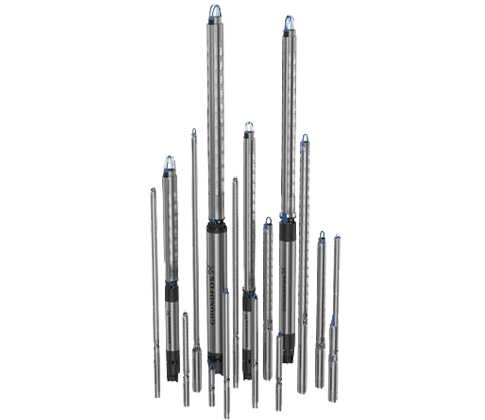 Several long Grundfos borehole pump assemblies