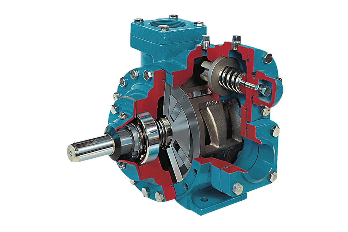 Blackmer pump cutaway with red and blue internal parts