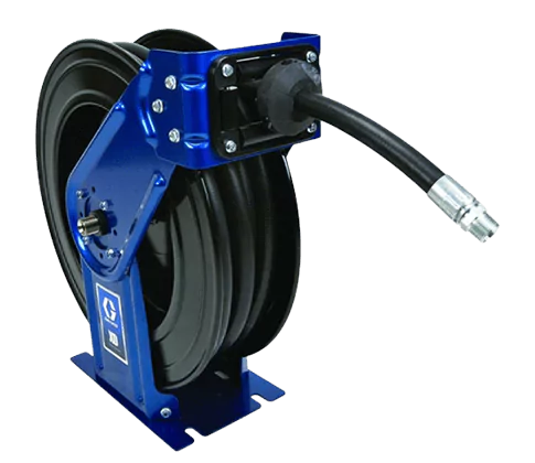 Blue hose reel carrying a coiled black hose