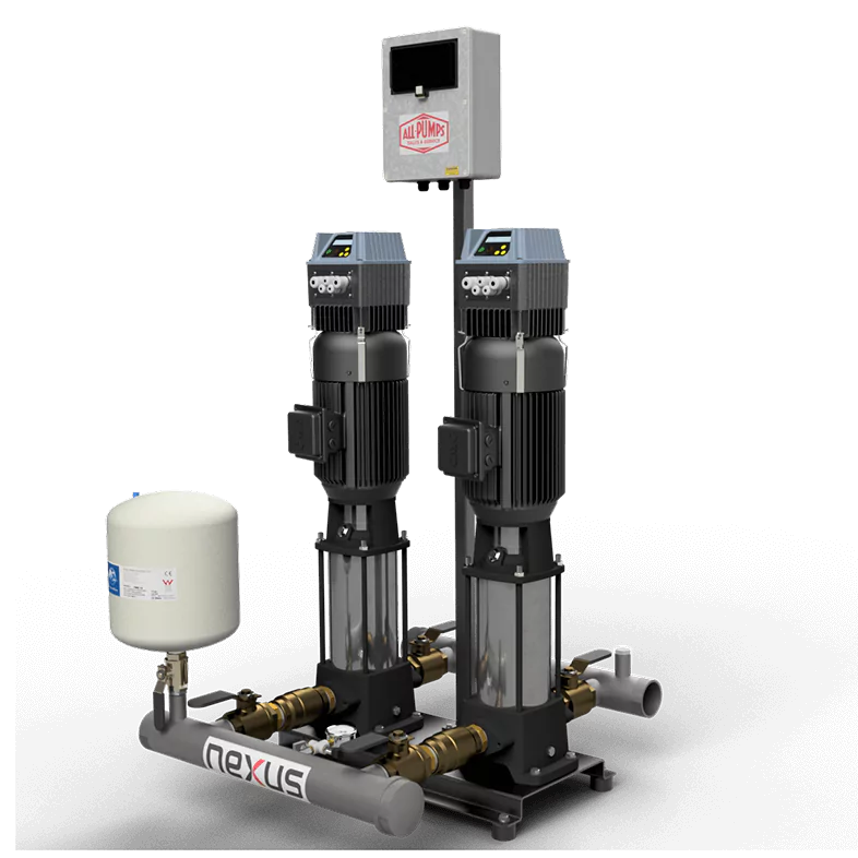 Two vertical black Nexus booster pumps with controller