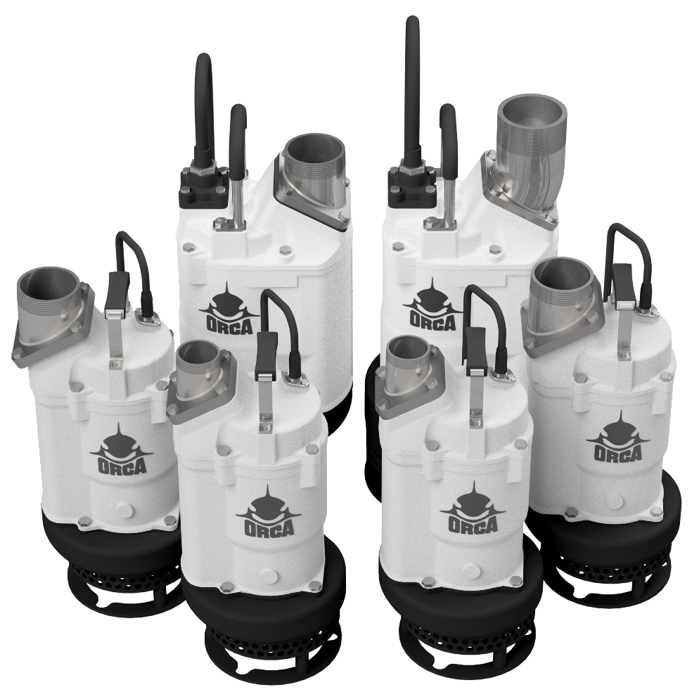 Lineup of silver Orca sludgebuster pump units