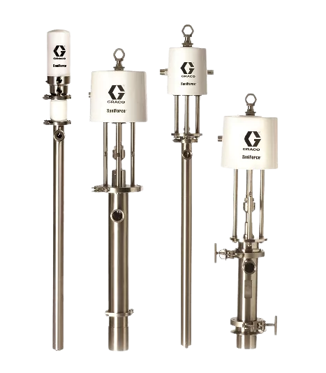 Lineup of tall silver piston pump units