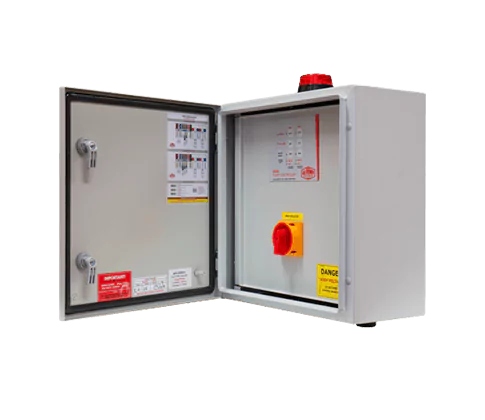 Two metal pump control cabinets with red and yellow controls