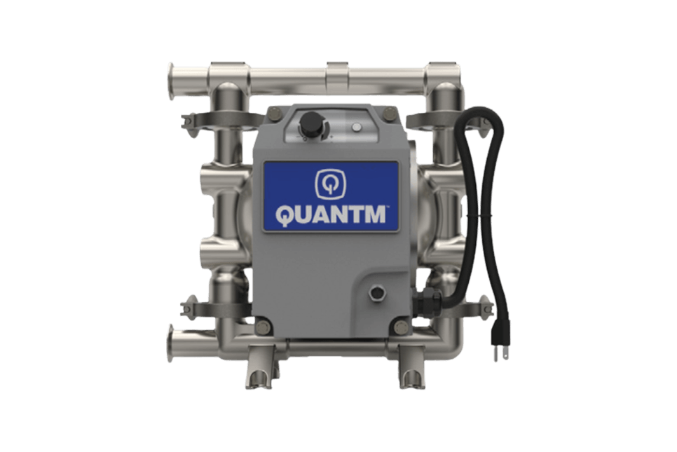 Silver Graco QUANTM pump with blue logo on a stand