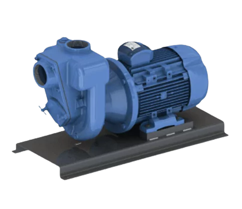 Blue trash pump and electric motor on a black base