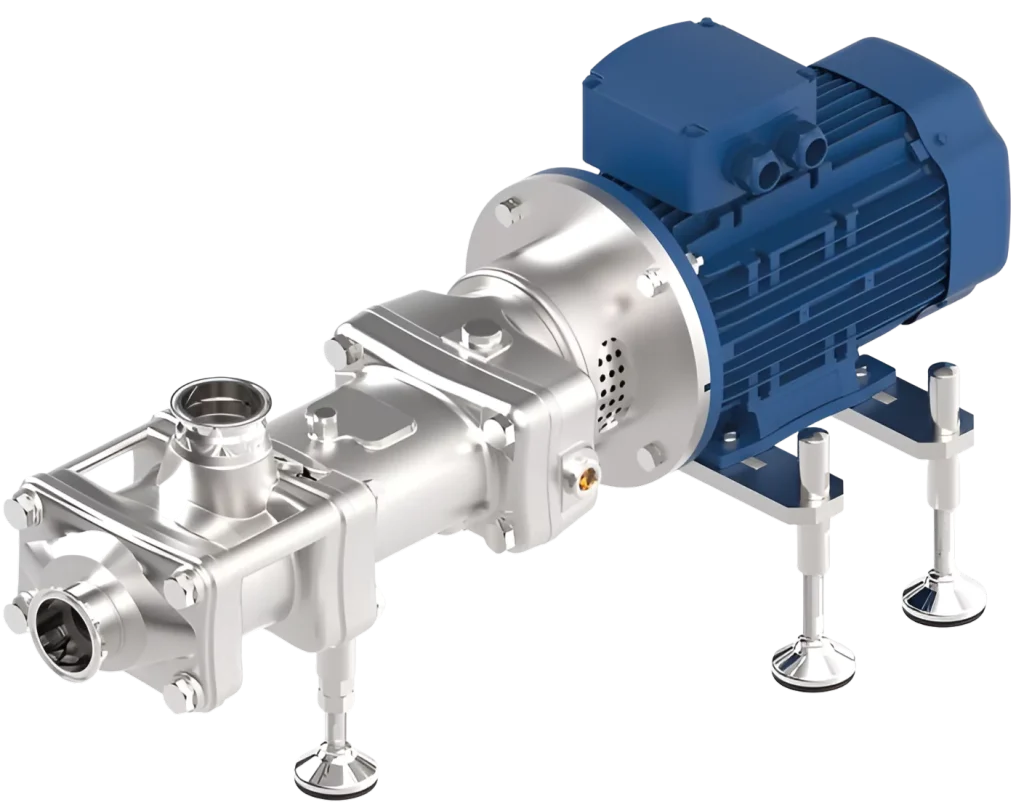 Blue motor attached to a silver twin screw pump