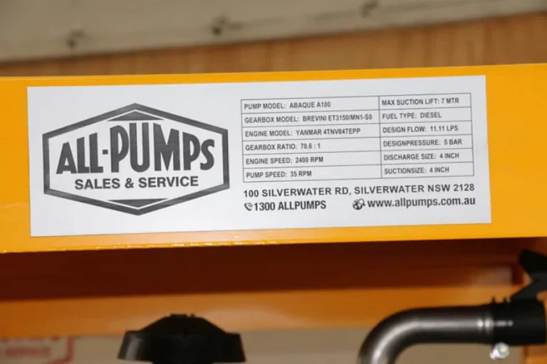 Close-up of an All Pumps equipment label