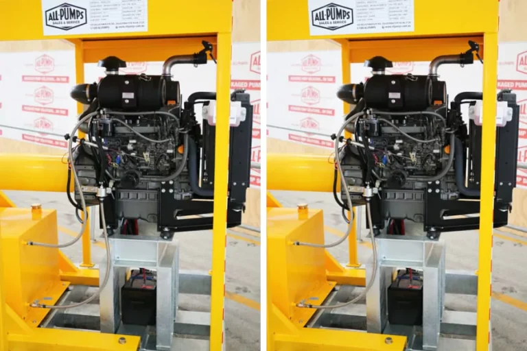 Two yellow industrial pump units inside frames